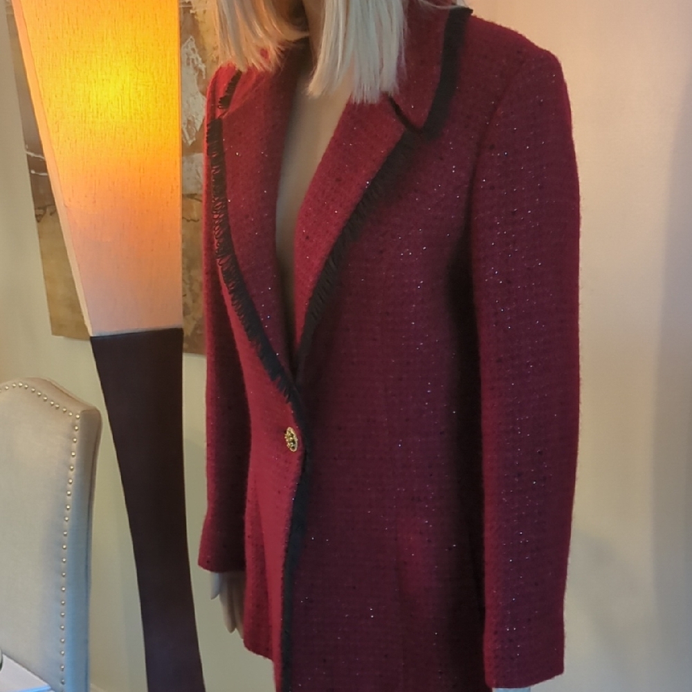 St. John Raspberry Tweed Single-Button Blazer with Black Trim - Picture 3 of 7